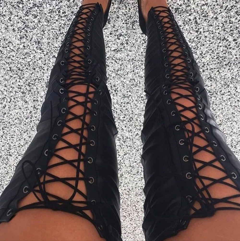 Vegan leather lace up thigh high leg sleeves